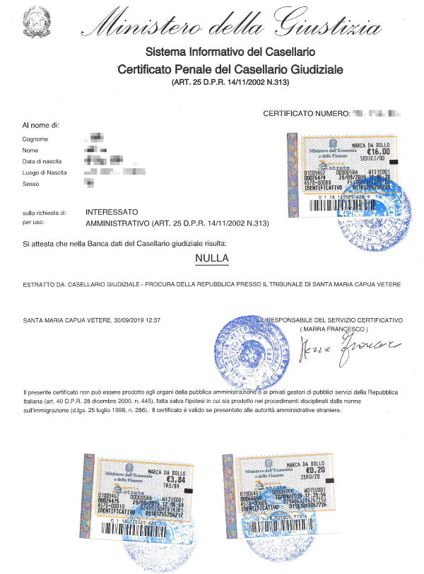 Sample Certificato Penale