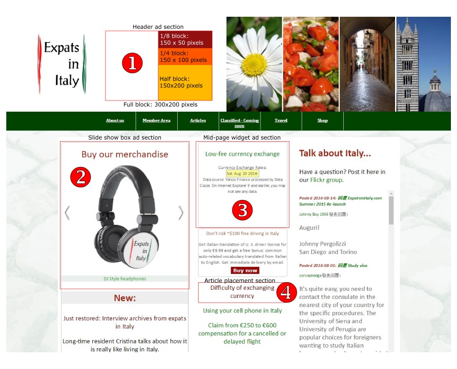 ExpatsInItaly screen advertisement sections 